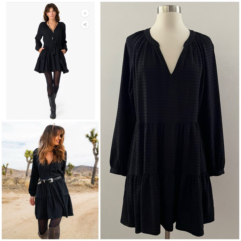 Xirena Jolene Mini Dress Small Black Long Sleeve Tiered Crinkle Minimalist Boho